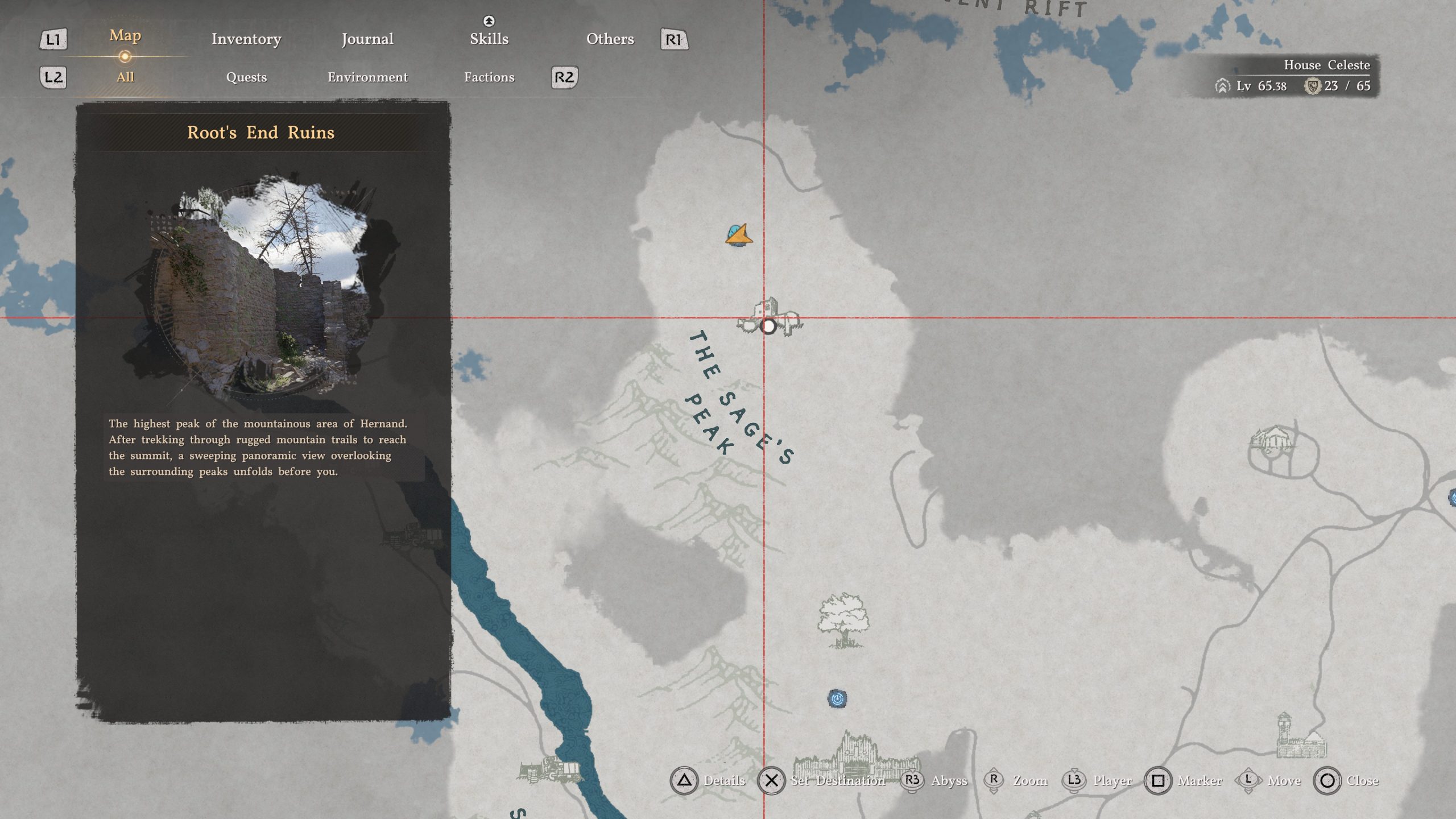Voici une carte du jeu Crimson Desert avec une section détaillée intitulée 'Ruines de Root's End'.