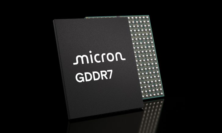 Un microprocesseur GDDR7 de Micron avec branding visible sur fond noir.