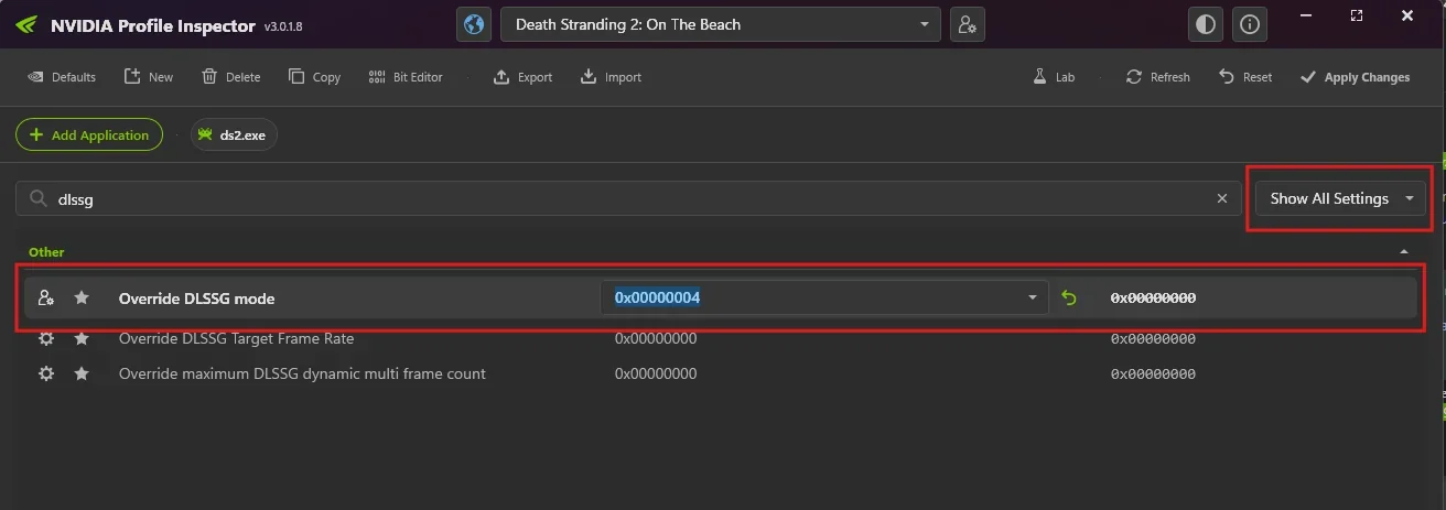 Interface du NVIDIA Profile Inspector montrant le réglage 'Override DLSSG mode'.