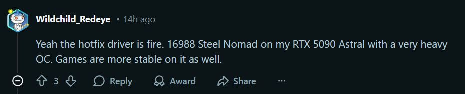 Commentaire d'un utilisateur sur le driver hotfix