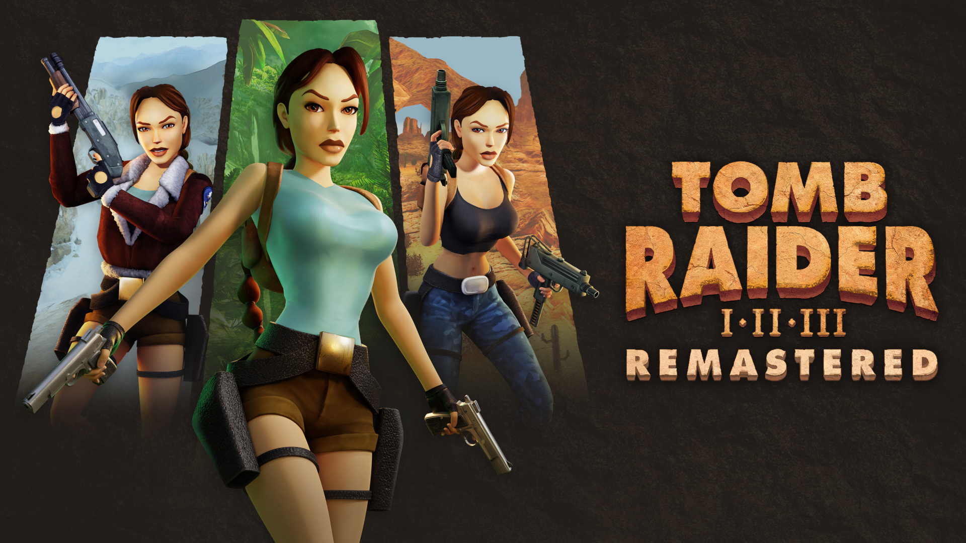 The image shows three versions of Lara Croft from the games 'Tomb Raider I-II-III Remastered' with the text prominently displayed on the right side.