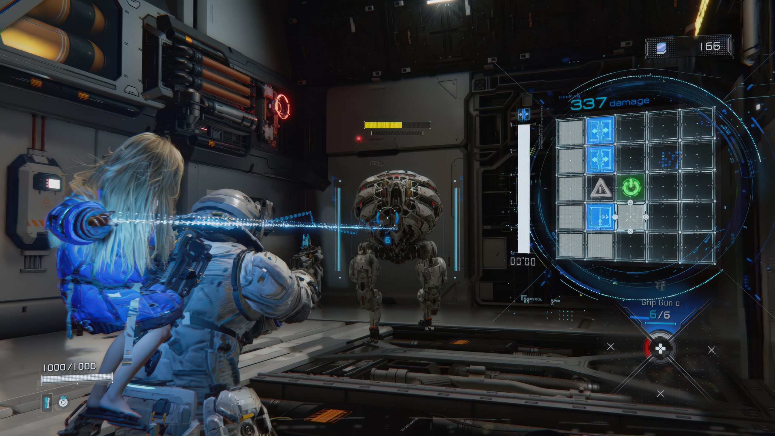 A player in futuristic armor uses a 'Grip Gun' to target a mechanical enemy, with a companion on their back, displaying a HUD showing '337 damage' and hacking interface.
