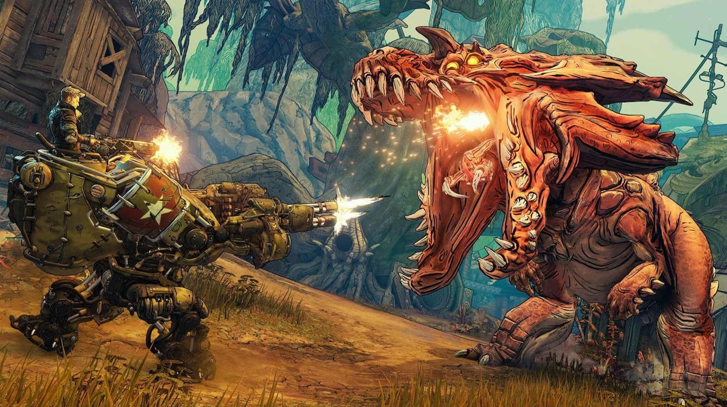A character in 'Borderlands 3' using a mechanized suit to fight a large, fire-breathing creature in a jungle setting.
