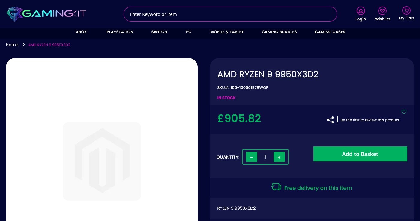 La page produit de GamingKit affiche l’AMD Ryzen 9 9950X3D2 à 905,82 £, indiqué « In Stock » avec un bouton « Add to Basket ».