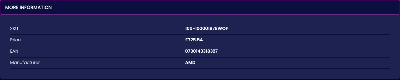 Un tableau de caractéristiques détaille le produit : SKU « 100-100001978WOF », prix « 725,54 £ », EAN « 0730143318327 », fabricant « AMD ».