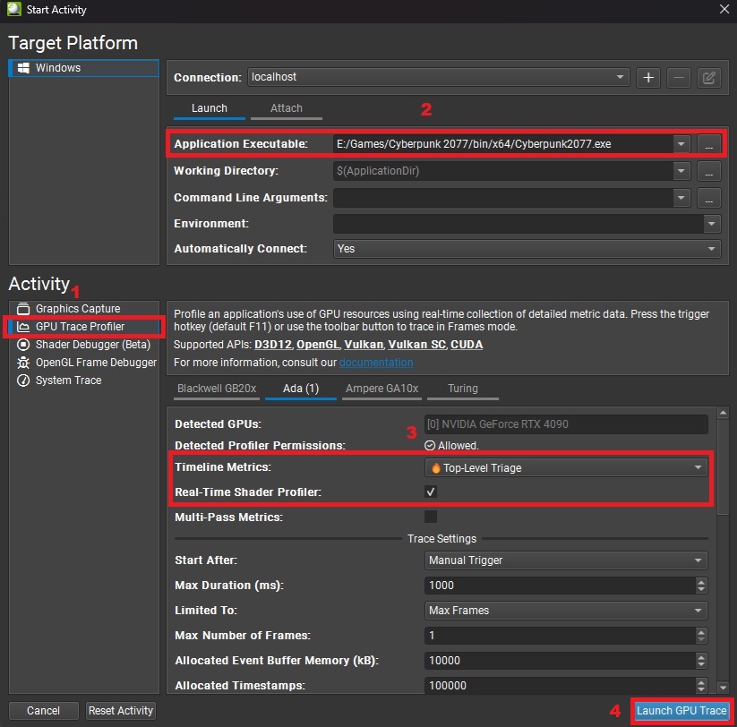 Interface logicielle de profilage GPU avec la NVIDIA GeForce RTX 4090 sélectionnée, « Application Executable: E:/Games/Cyberpunk 2077/bin/x64/Cyberpunk2077.exe » et le bouton « Launch GPU Trace » en surbrillance.