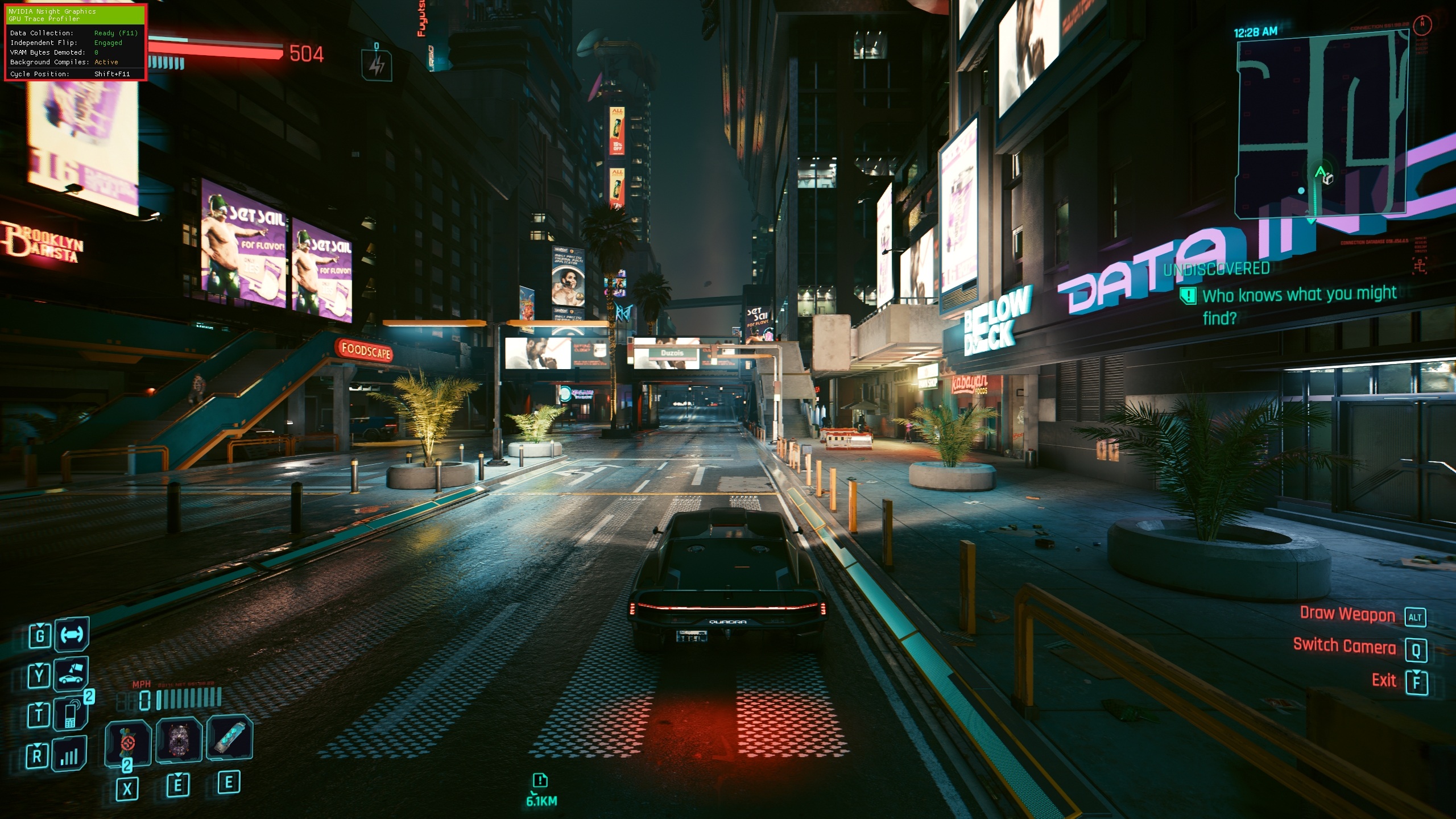 Scène du jeu « Cyberpunk 2077 » montrant une voiture dans une ville néonisée de nuit, avec le texte « Who knows what you might find? » et un overlay « NVIDIA RTX ».