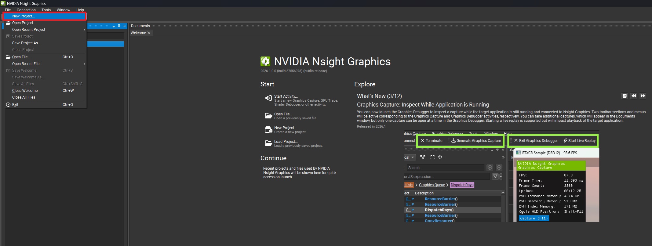 L’interface de NVIDIA Nsight Graphics avec l’option « New Project » mise en évidence et un outil de capture graphique affichant « RTXCR Sample (D3D12) - 93.6 FPS ».