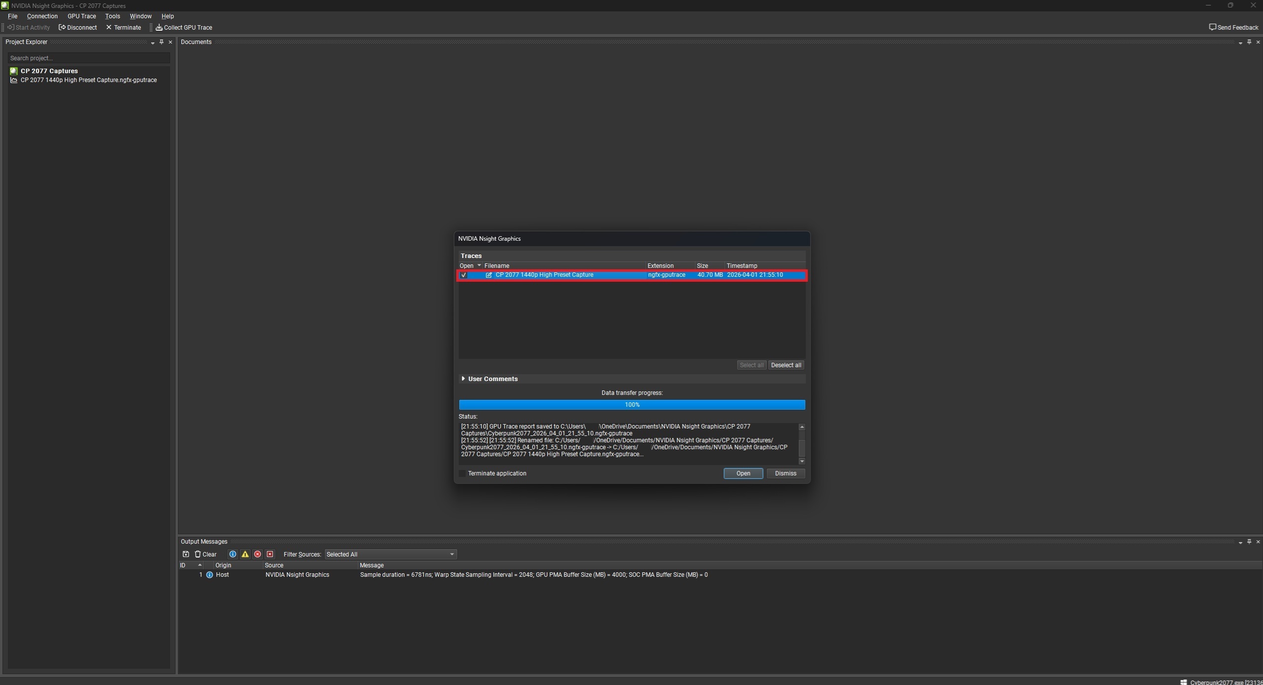 Interface affichant un fichier « CP 2077 1440p High Preset Capture » dans NVIDIA Nsight Graphics, avec la taille et l’horodatage.