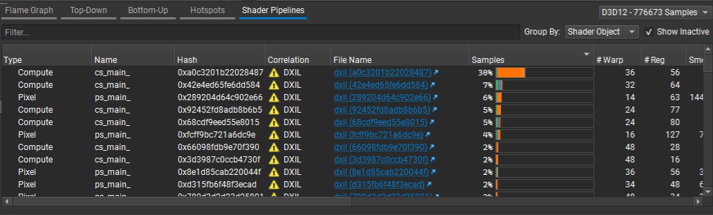Interface d’analyse « Shader Pipelines » listant les types de shaders, dont « Compute » et « Pixel », avec leurs hachages; « cs_main_ » affiche l’usage d’échantillons le plus élevé à 30%.