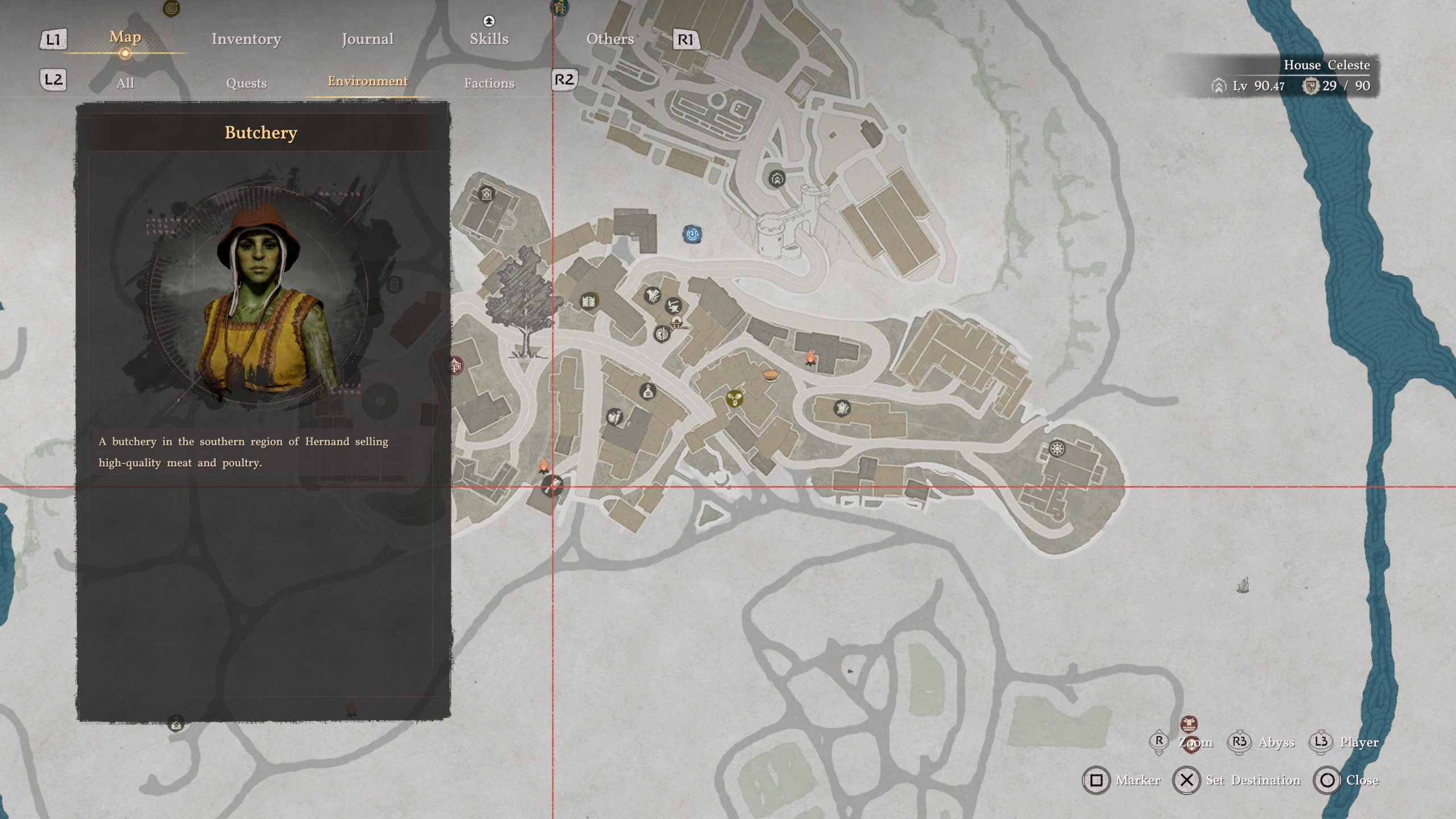 A Crimson Desert map showing the location of a butchery in the southern region of Hernand, with the game's user interface displaying categories like 'Map,' 'Inventory,' and 'Journal' alongside details about House Celeste at level 90.47.