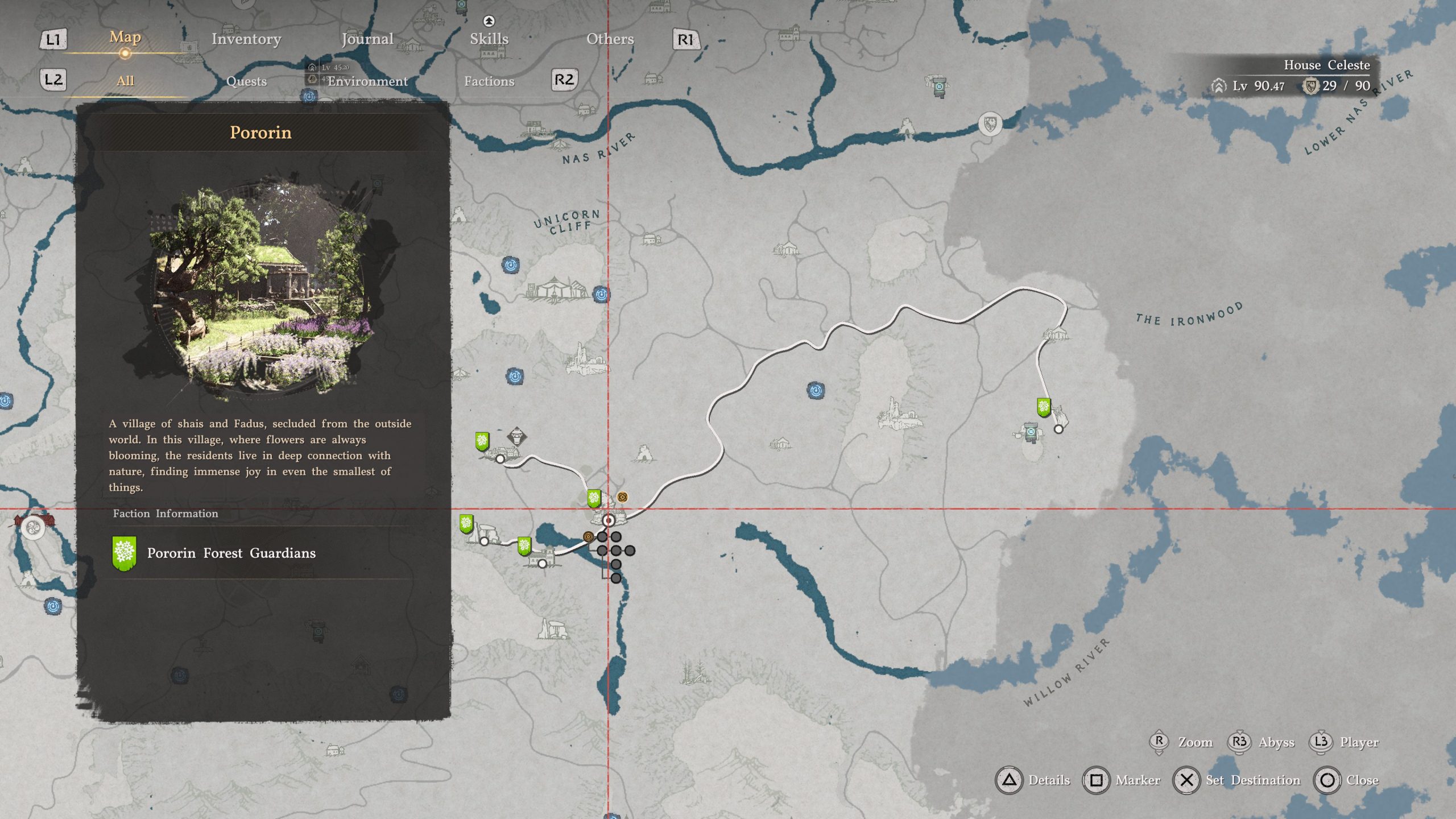 A map interface from Crimson Desert shows the location 'Pororin' with details about the village, including its connection with nature, a scenic image, and 'Pororin Forest Guardians' as the faction information, alongside character stats labeled 'House Celeste' at level 90.47.