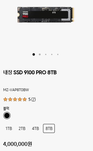 A Samsung SSD 9100 PRO with 8TB capacity is displayed alongside the model number MZ-VAP8T0BW and a five-star rating.