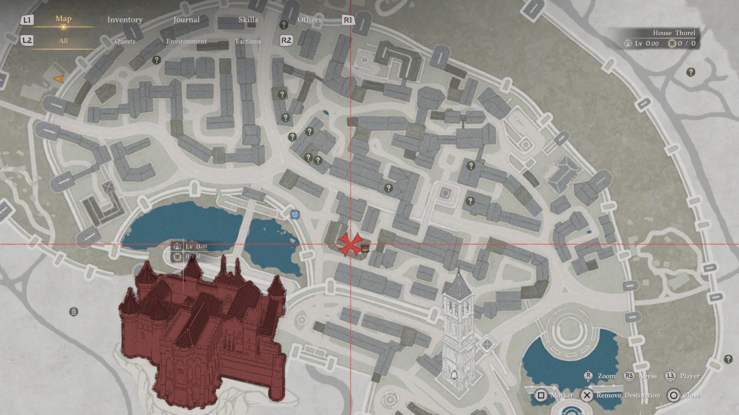 Carte de Crimson Desert affichant 'House Thorel' près d’une structure façon château, avec un marqueur rouge et les onglets 'Map' et 'Inventory' en haut.