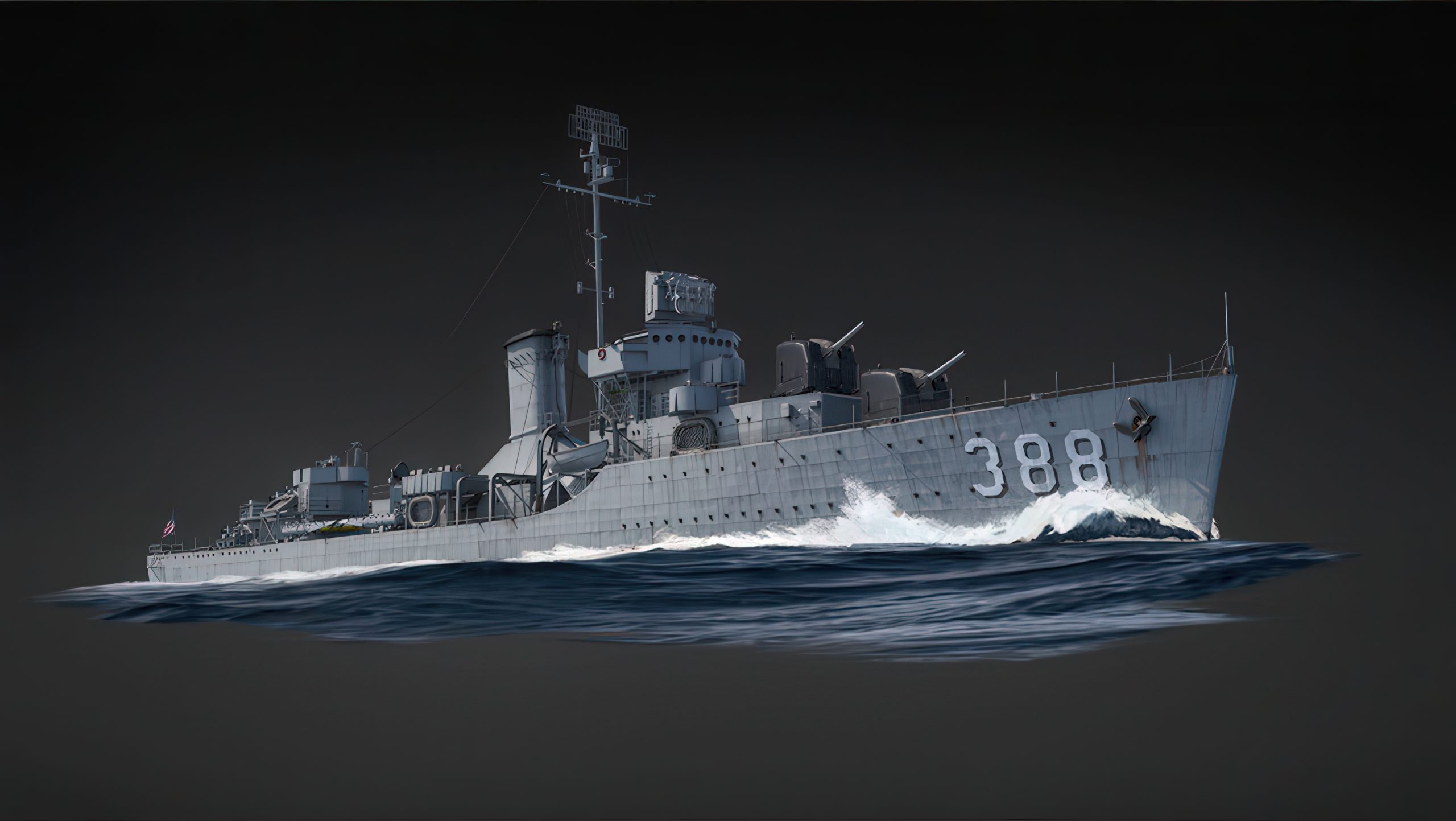 A digital rendering of a World War II naval destroyer with the number 388 on its hull cutting through the ocean.