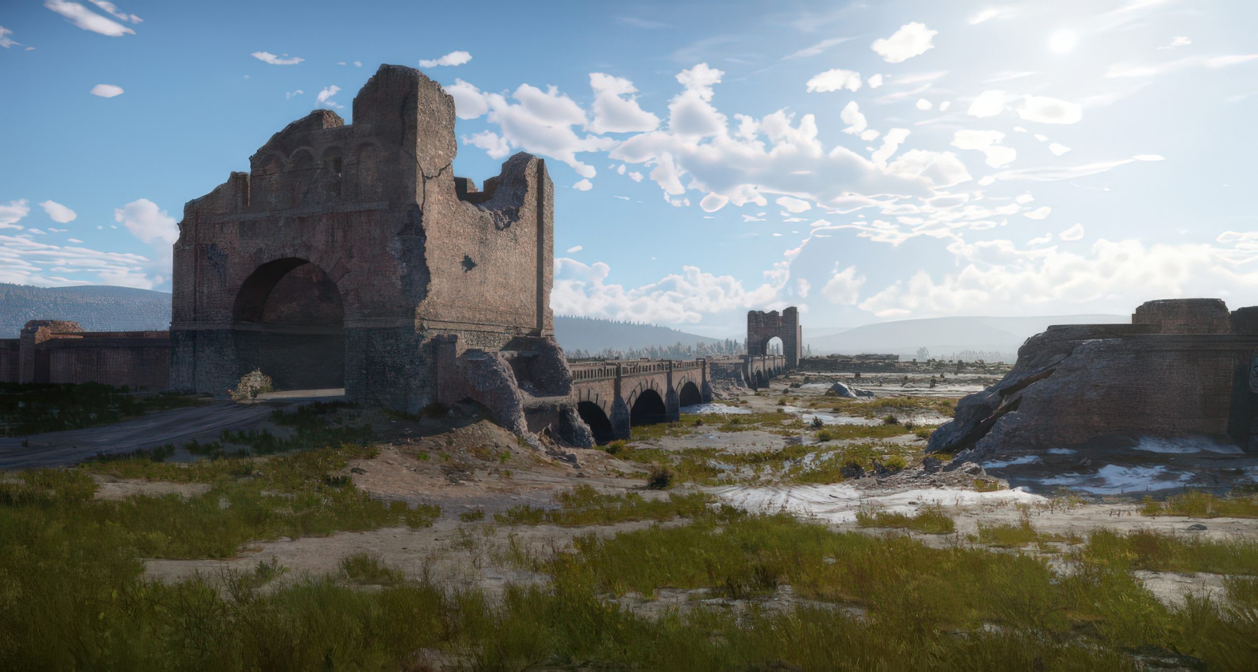 A landscape from the game War Thunder, showing a vast open terrain with an ancient, weathered bridge and ruined structures under a bright, cloudy sky.