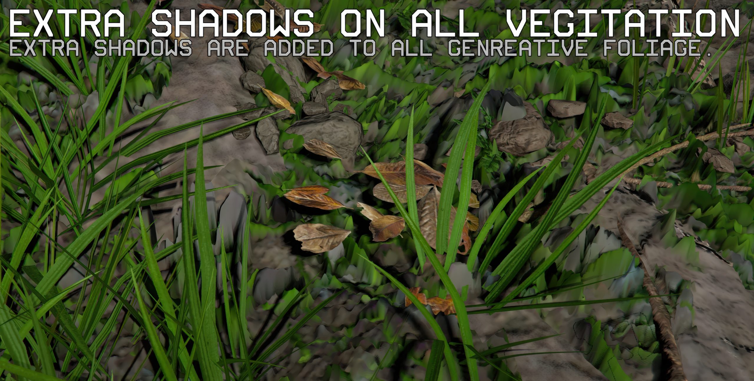 A detailed view of foliage with text overlay stating 'EXTRA SHADOWS ON ALL VEGETATION' and 'EXTRA SHADOWS ARE ADDED TO ALL GENERATIVE FOLIAGE.'