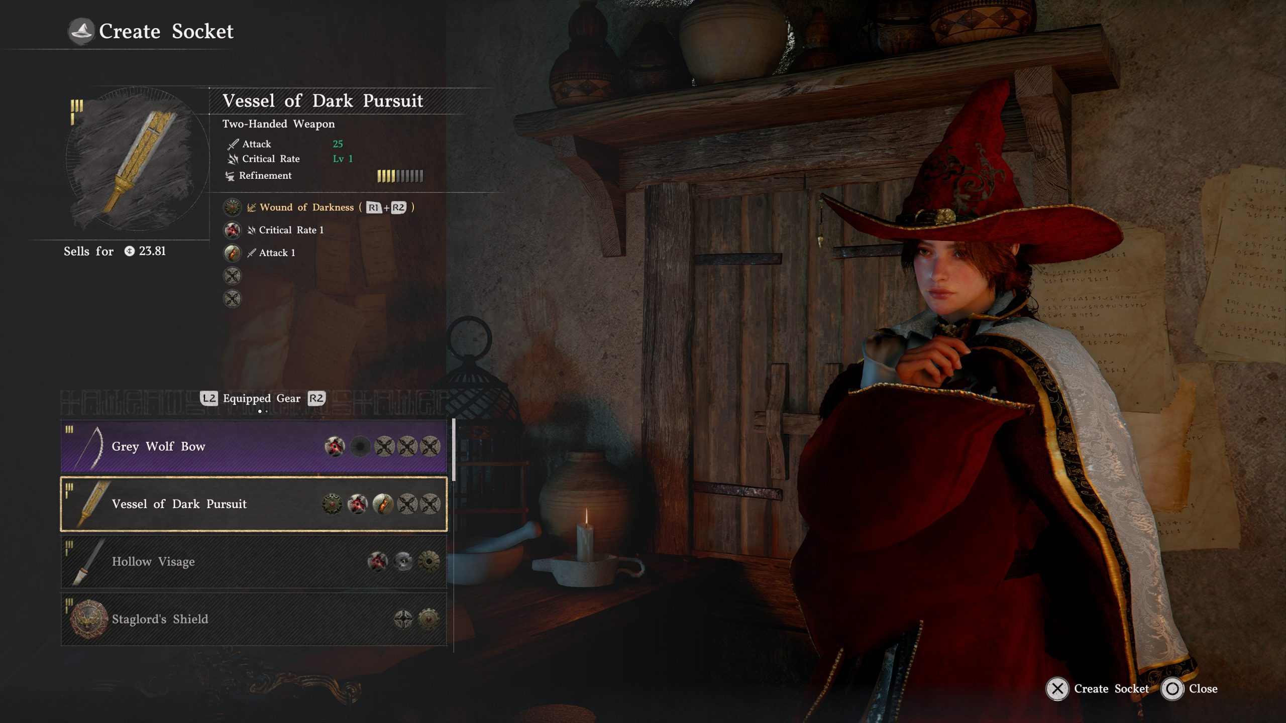 A character in Crimson Desert browses a game menu showing the 'Vessel of Dark Pursuit' as a two-handed weapon with 25 attack and critical rate level 1.