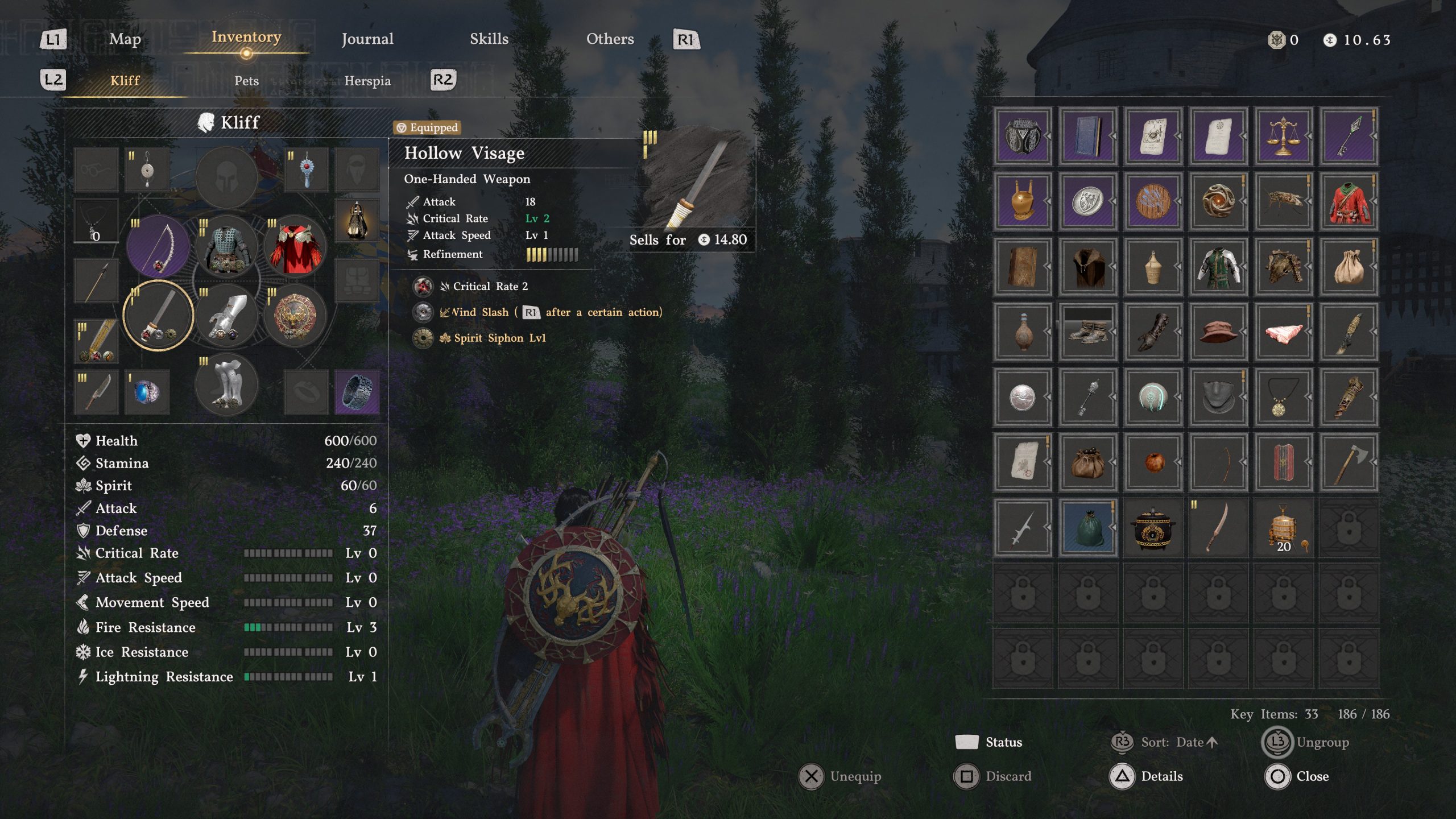 The Crimson Desert inventory screen of 'Hollow Visage' shows a character named Kliff, highlighting a one-handed weapon with attributes such as 18 attack, Lv 2 critical rate, and spirit abilities like 'Wind Slash.'