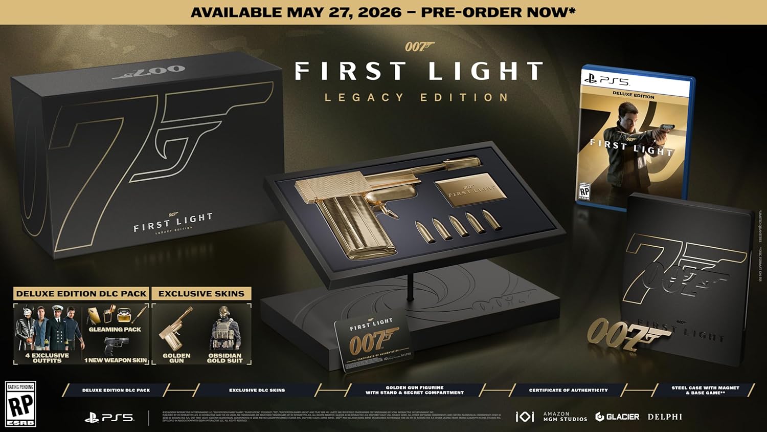 Visuel de la Legacy Edition de 007 First Light sur PS5 avec le contenu : statuette de pistolet doré, DLC Deluxe avec skins exclusifs, et mention "Disponible le 27 mai 2026".