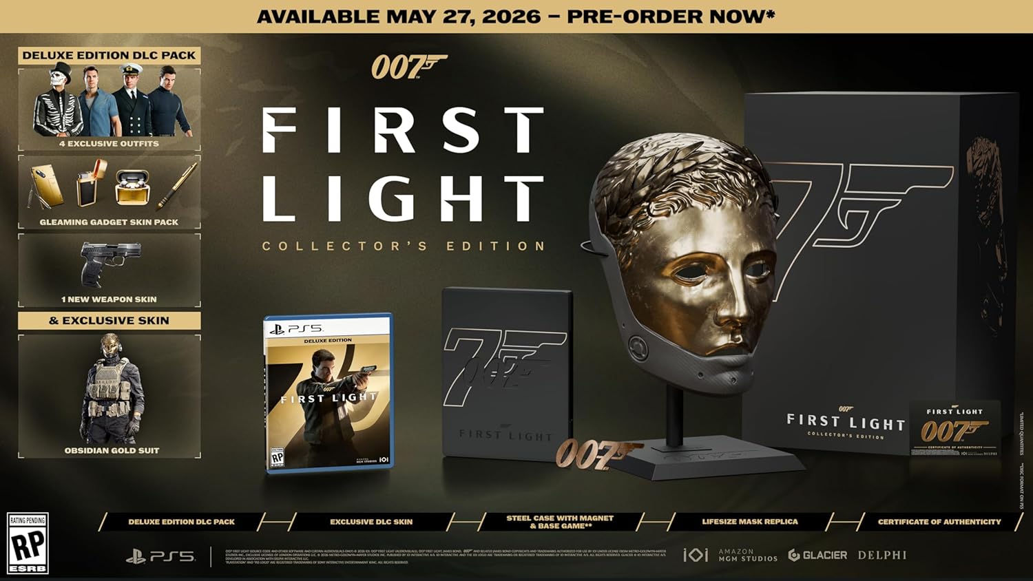 La Collector’s Edition de 007 First Light sur PS5 : réplique taille réelle d’un masque, boîtier steelbook, DLC Deluxe et skin exclusif, sortie le 27 mai 2026.