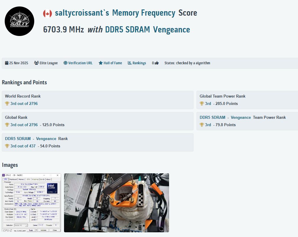 The image shows a memory frequency score of '6703.9 MHz' achieved by 'saltycroissant' using DDR5 SDRAM Vengeance, alongside a CPU-Z screenshot displaying technical details and a custom cooling setup on a computer motherboard.
