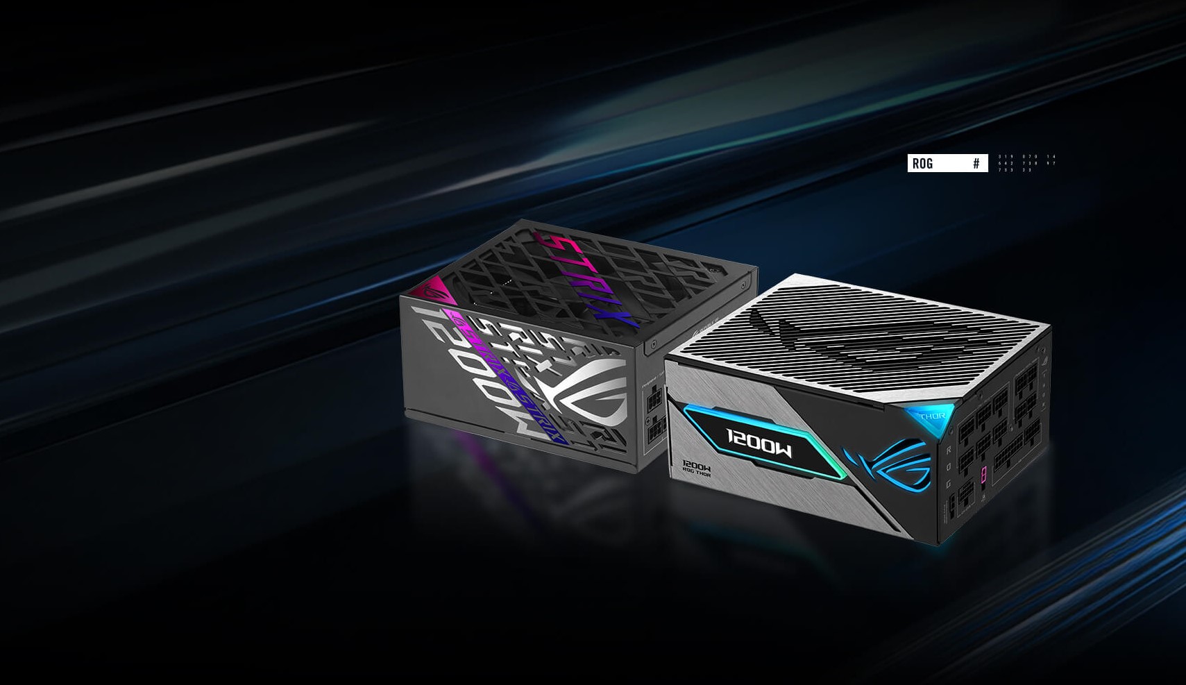 Deux alimentations ASUS ROG, les « Strix 1200 W » et « 1200 W ROG Thor », sur fond sombre.