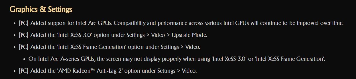 A list titled Graphics & Settings details updates for PC, including added support for Intel Arc GPUs, 'Intel XeSS 3.0' and 'Intel XeSS Frame Generation' options, and 'AMD Radeon Anti-Lag 2'.
