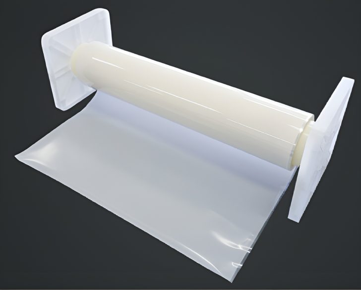 Un rouleau de matériau translucide, supporté par des embouts plastiques blancs, posé sur fond sombre.