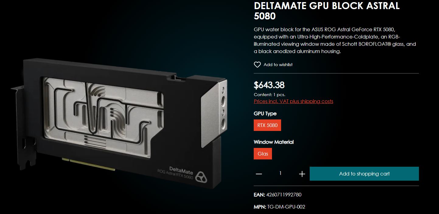 Le DeltaMate pour l’ASUS ROG Astral GeForce RTX 5080, affiché à 643,38 €, avec une fenêtre en verre Schott BOROFLOAT®.