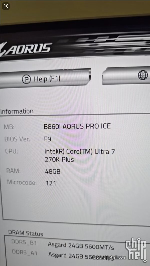 The screen displays system information with 'B860I AORUS PRO ICE' motherboard, BIOS version 'F9', Intel(R) Core(TM) Ultra 7 270K Plus CPU, 48GB RAM, microcode 121, and two Asgard 24GB 5600MT/s DDR5 modules.