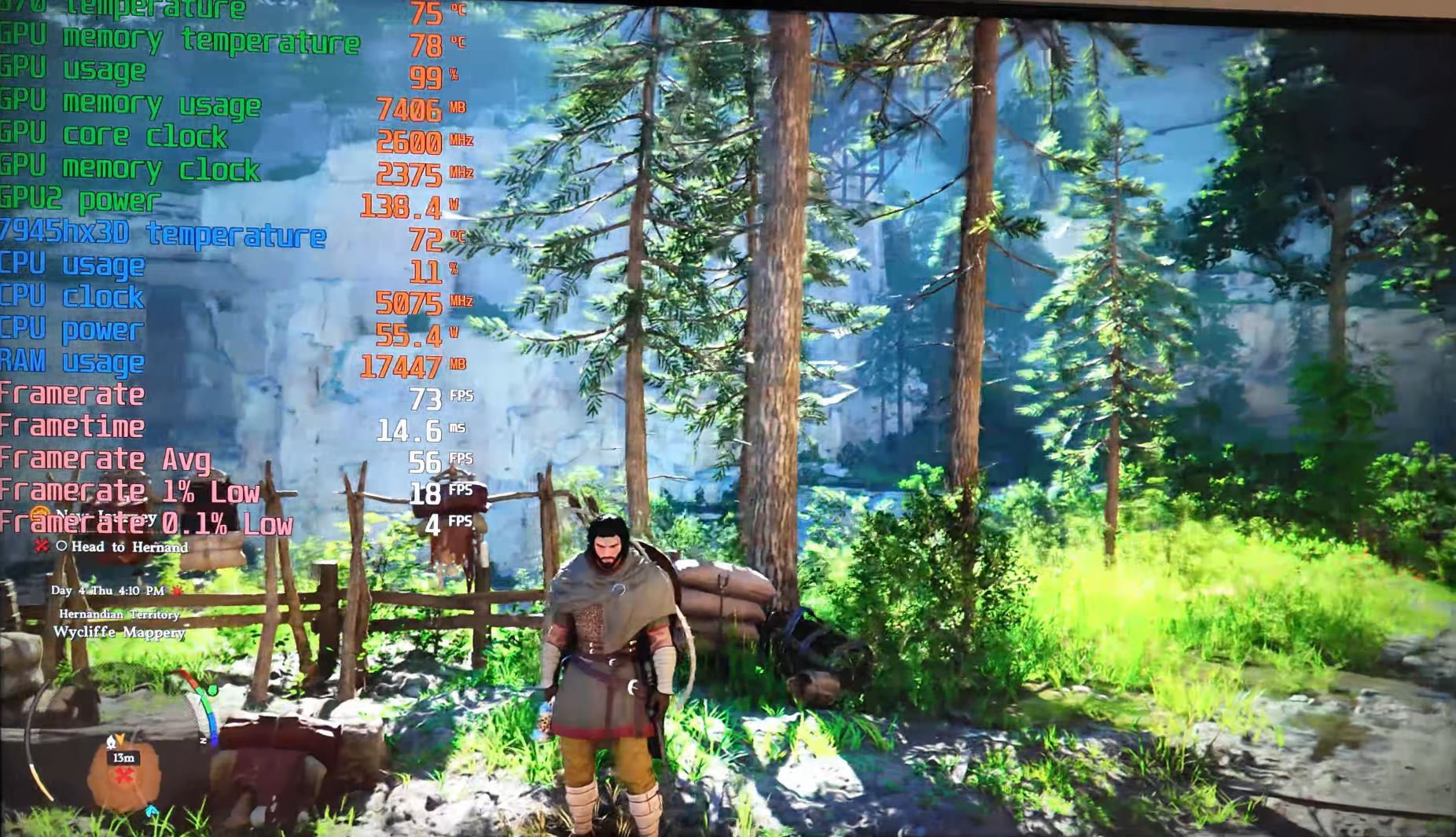 A fantasy game scene shows a character standing in a forest with various real-time performance metrics like 'GPU memory usage 99%' and 'Framerate 73 FPS' overlaid on the screen.