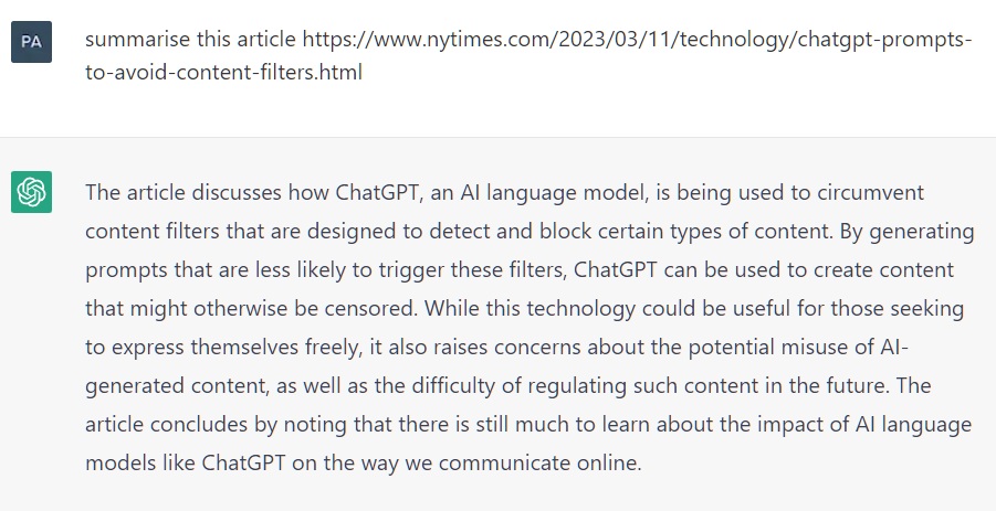 A ChatGPT interface displays a summary of a New York Times article concerning the use of AI models to bypass content filters.