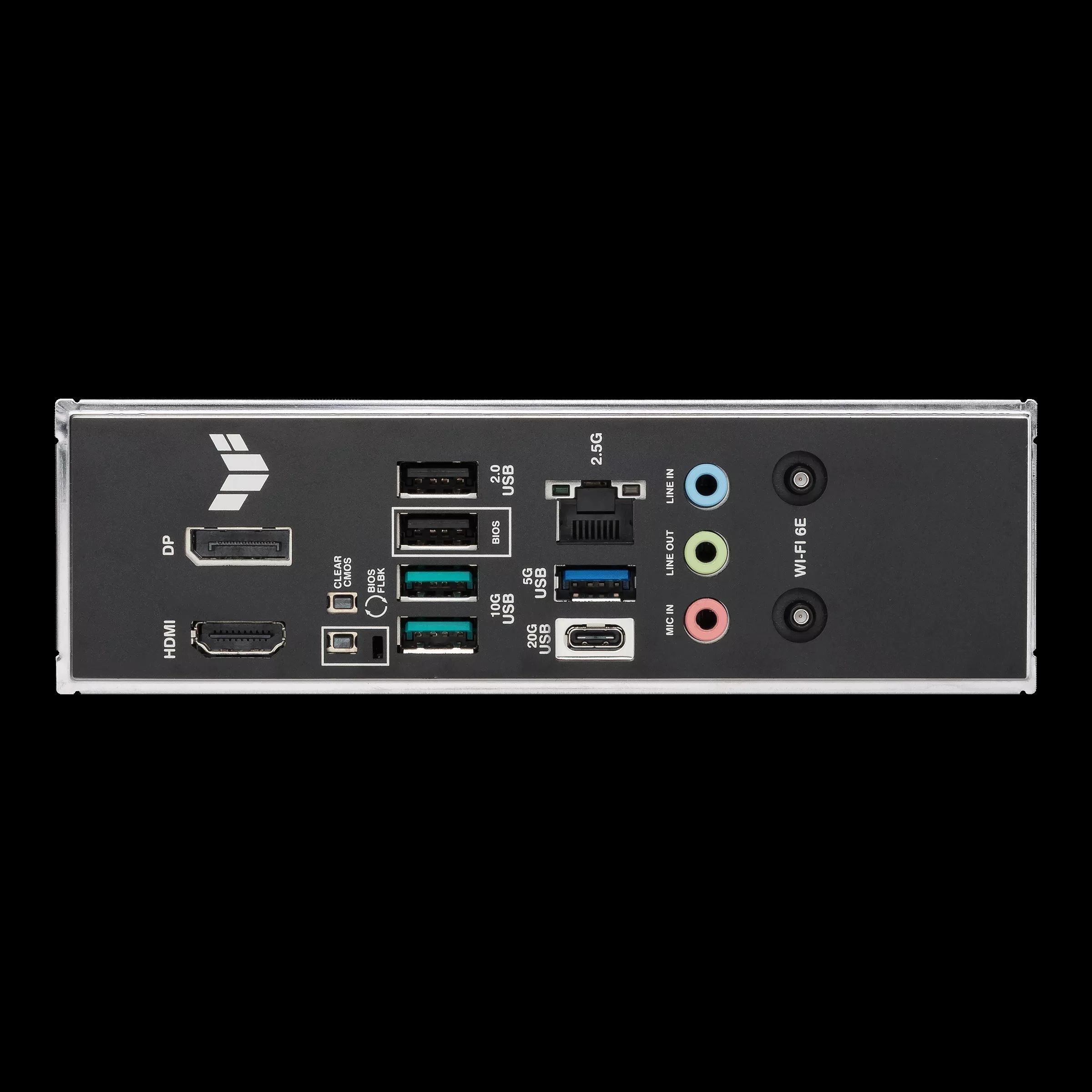 The rear I/O panel of an ASUS TUF GAMING motherboard featuring HDMI, DP, multiple USB ports, 2.5G Ethernet, audio jacks, and a 'Wi-Fi 6E' antenna connector.