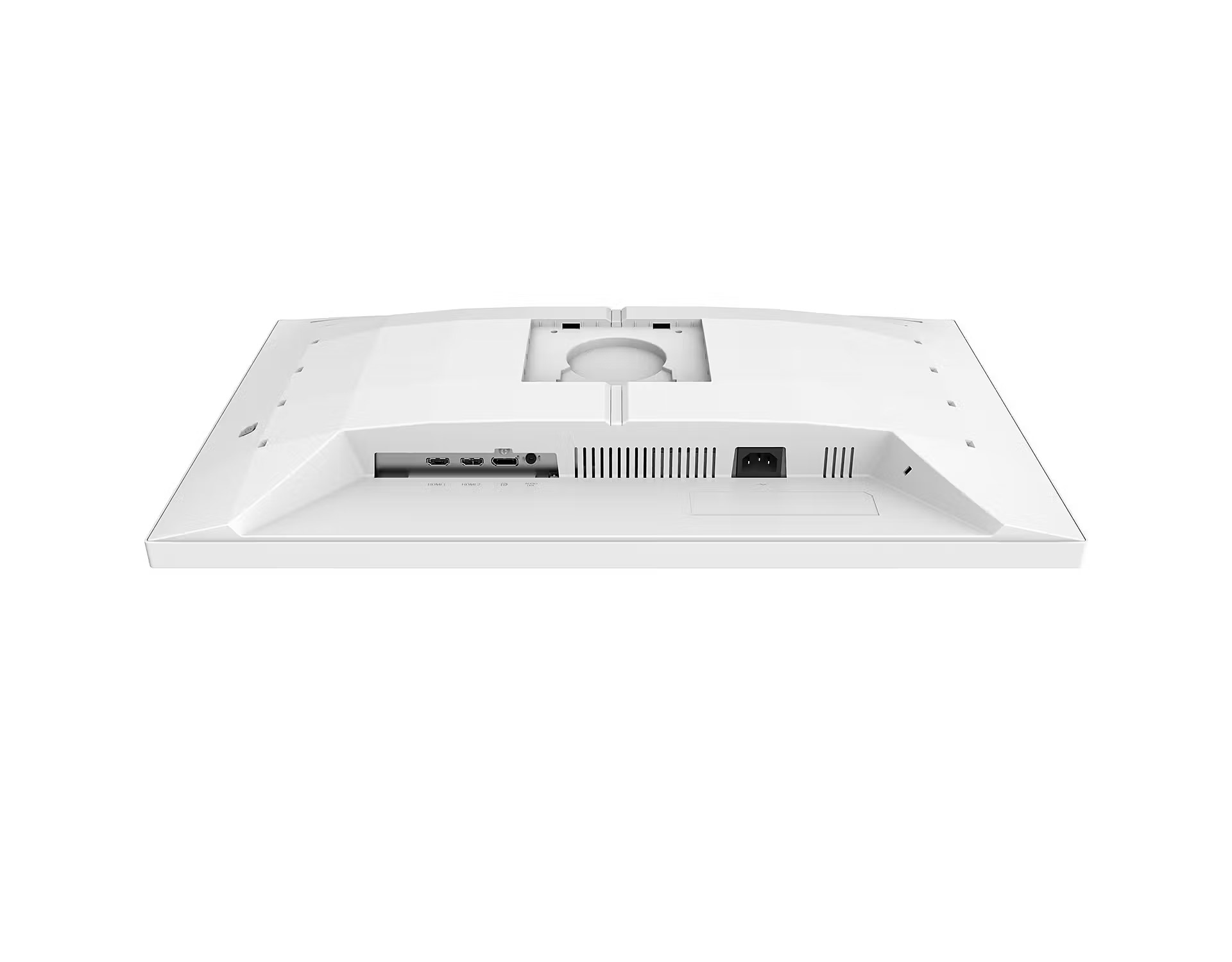 The back view of a white monitor showing various input ports including two HDMI ports, one DisplayPort, and a power connector.