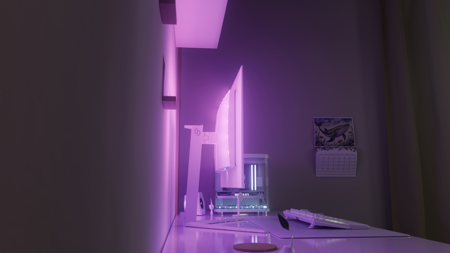 A side view of a white gaming setup with a curved monitor on a stand, a partially visible NVIDIA GeForce RTX graphics card in the computer case, and a wall calendar featuring a whale design, all illuminated in purple lighting.