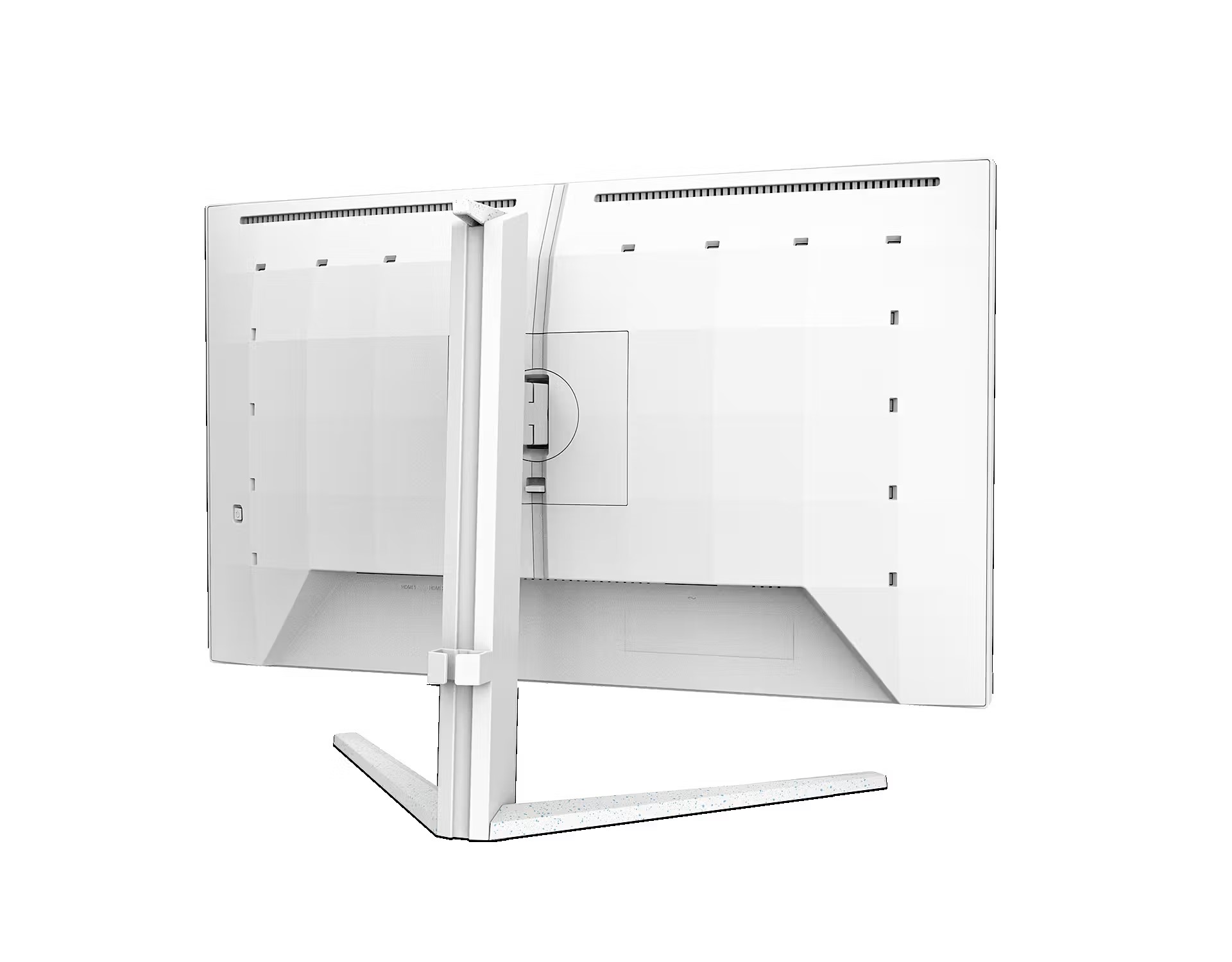 A white AOC gaming monitor is shown from the back, featuring a vented top edge and a central stand mount.