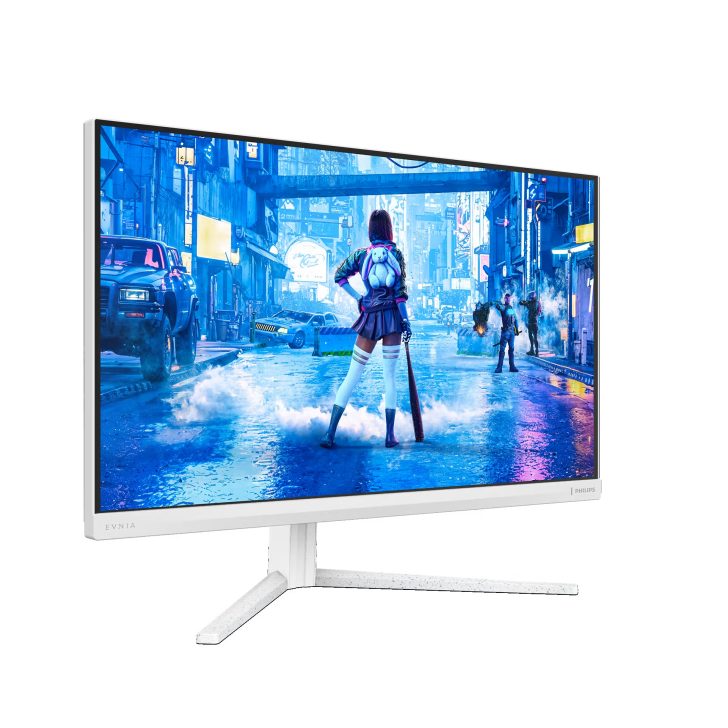 A Philips Evnia monitor displaying a scene from a futuristic city with a character holding a bat in the foreground.