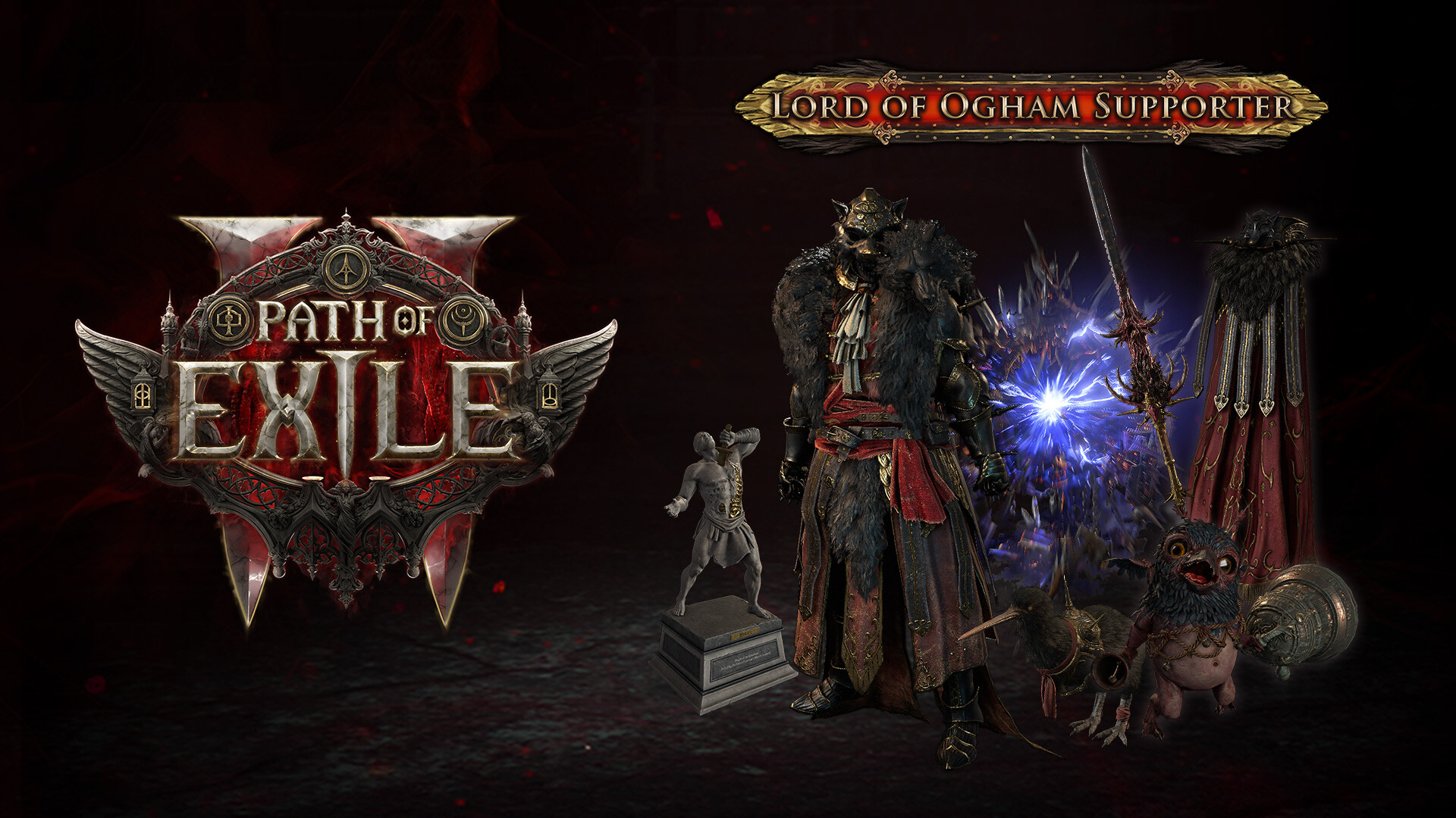 Visuel de promotion pour Path of Exile avec le pack 'Lord of Ogham Supporter', un personnage en armure ornée, une statue et une petite créature.