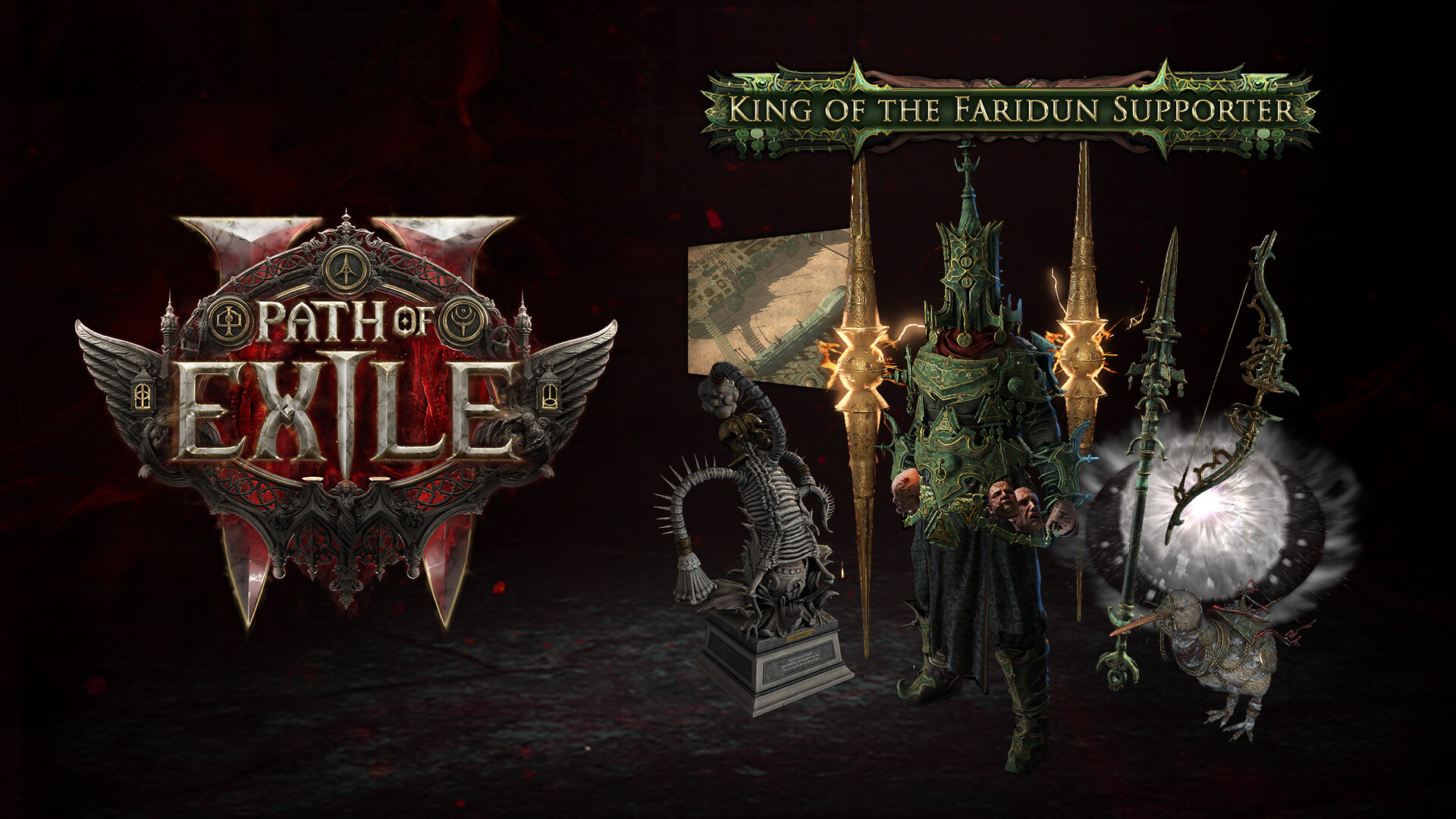 Logo et personnages de Path of Exile avec le texte 'King of the Faridun Supporter'.
