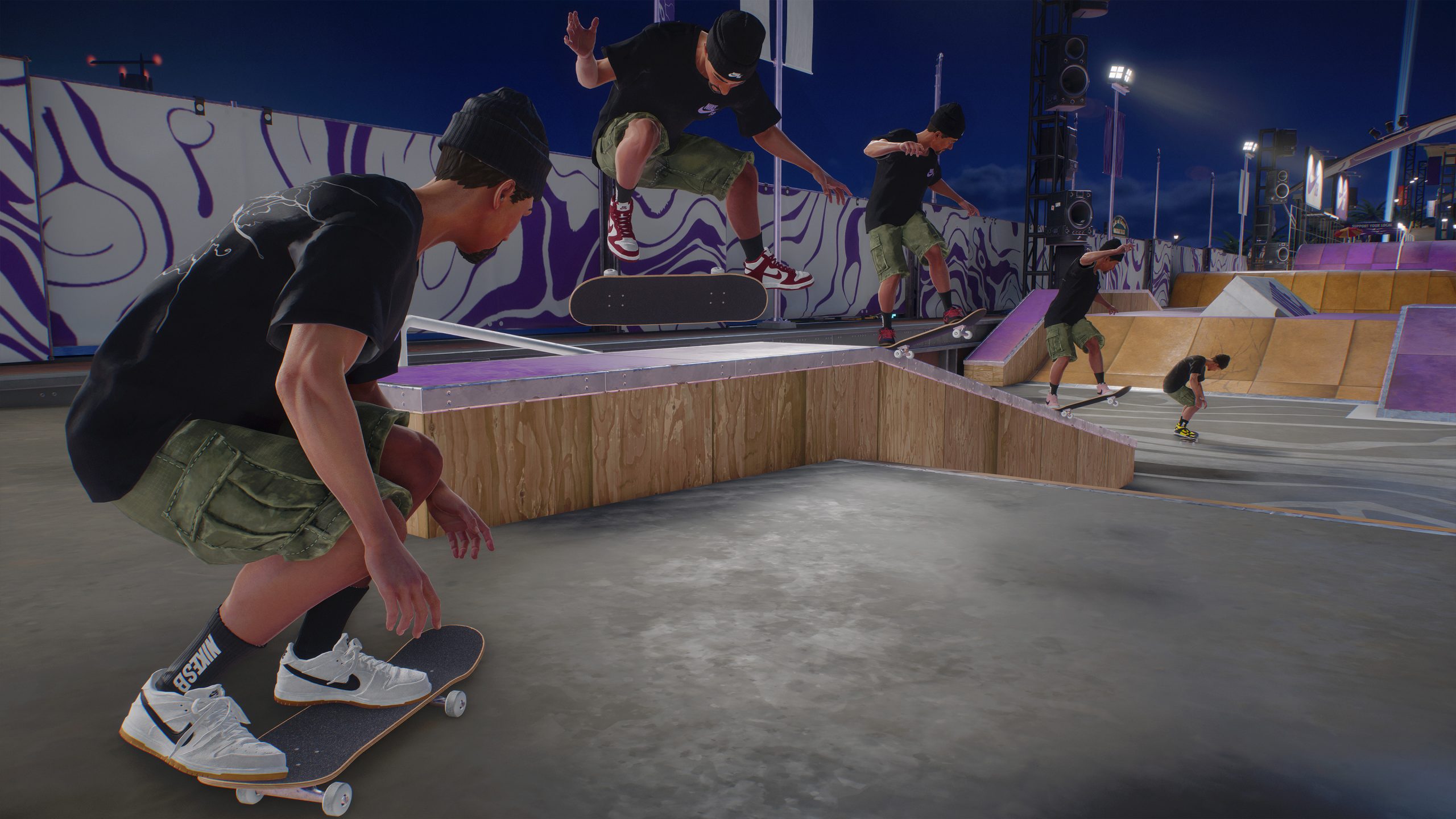 A skateboarder in the game 'Skate' performs an ollie at a skate park, wearing Nike SB shoes and khaki shorts.