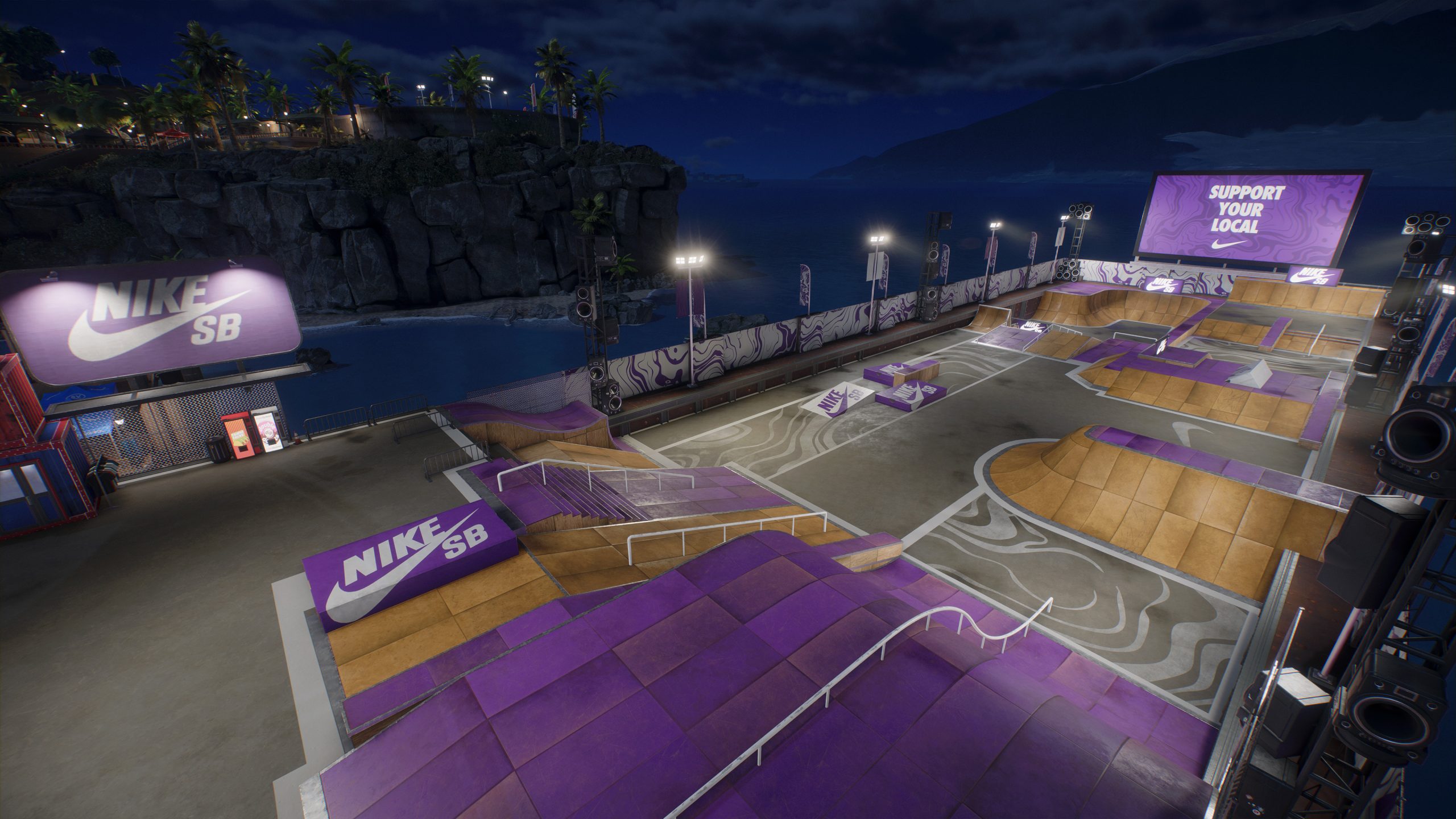 A virtual skate park featuring prominent 'Nike SB' branding, with signs reading 'SUPPORT YOUR LOCAL' and intricate skateboard ramps, set against a nighttime coastal backdrop.