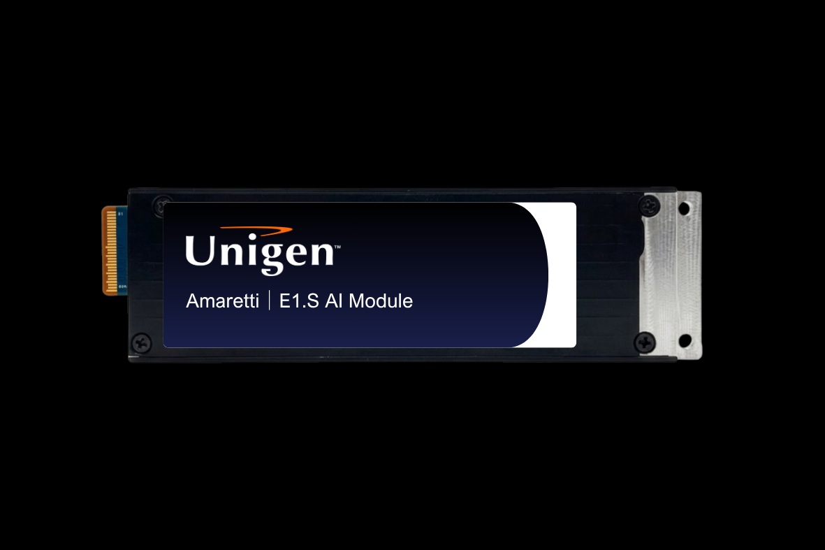 The image shows a Unigen Amaretti E1.S AI Module solid-state drive against a black background.