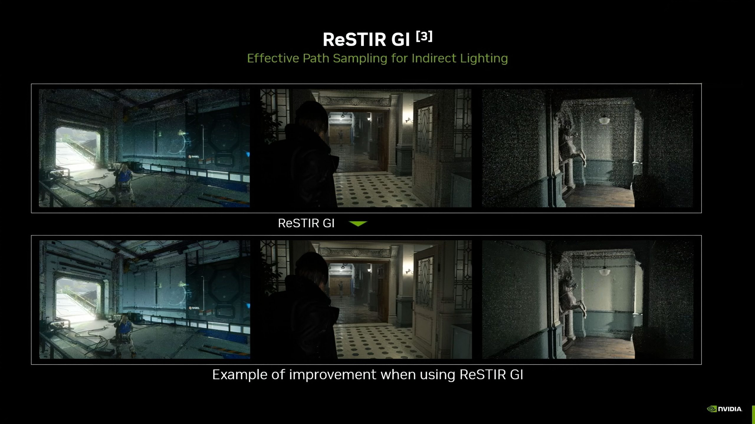 A side-by-side comparison shows the effect of NVIDIA's 'ReSTIR GI' on indirect lighting, highlighting a significant improvement in visual clarity and light sampling between the top and bottom images.