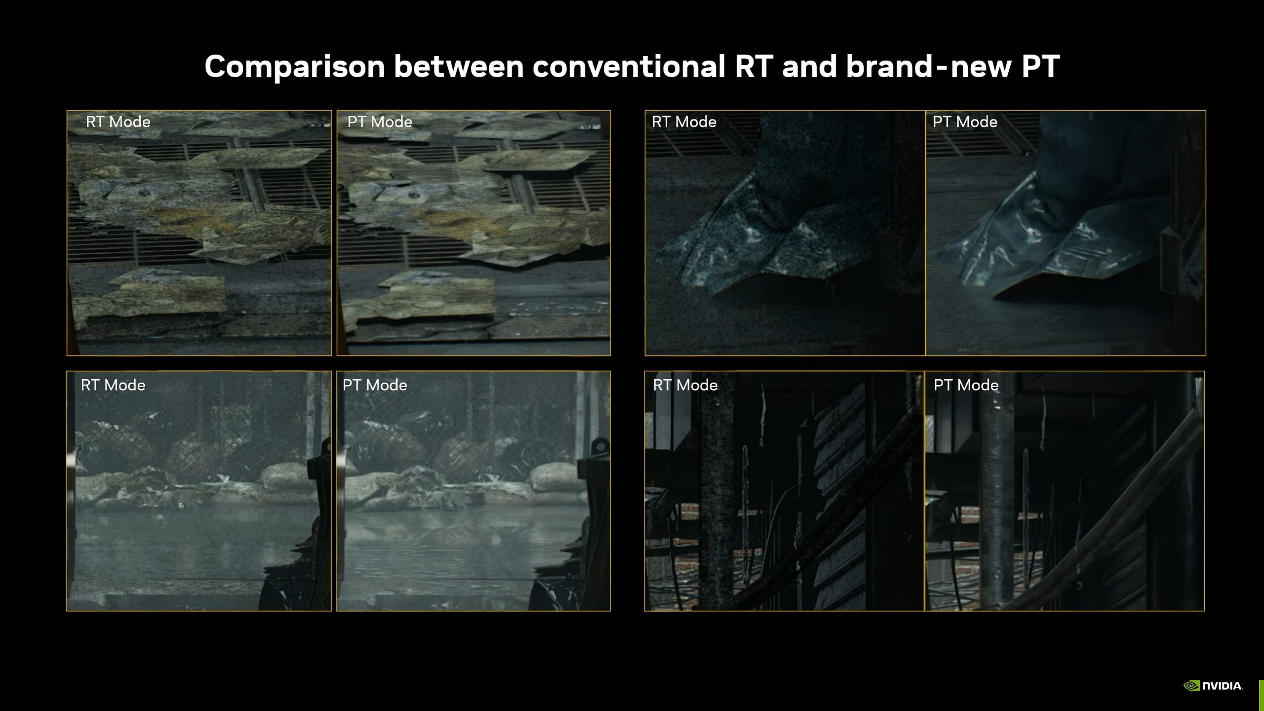 A comparison image shows graphics in 'RT Mode' and 'PT Mode' highlighting differences in detail and texture quality, with the NVIDIA logo in the corner.