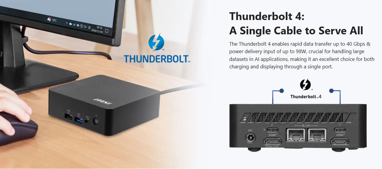 An MSI docking station featuring 'Thunderbolt 4' capabilities sits next to a monitor, with text highlighting its 40 Gbps transfer speed and 98W power delivery.