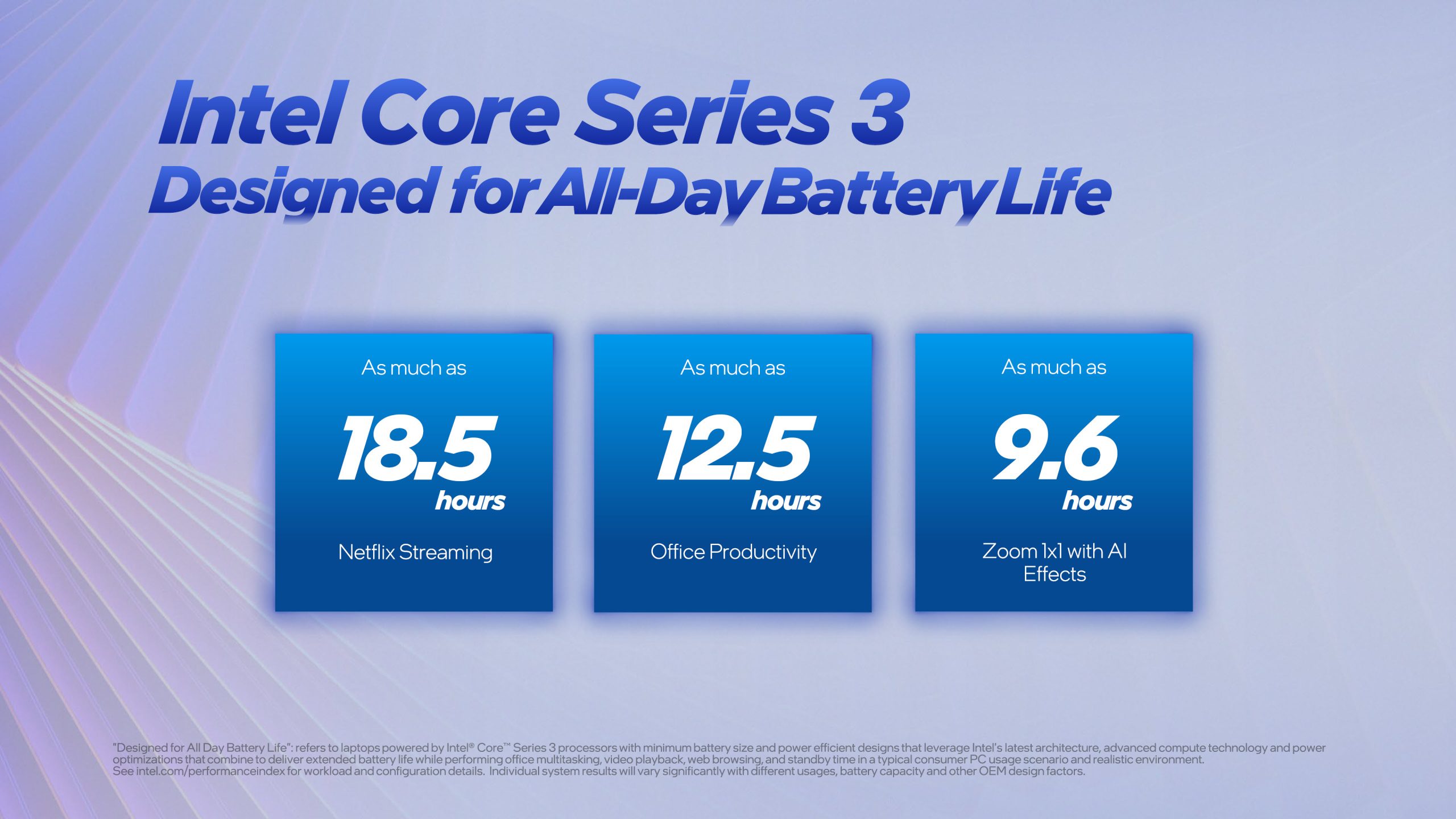 Promotional image for 'Intel Core Series 3' highlighting battery life, with three panels: 'Netflix Streaming' at 18.5 hours, 'Office Productivity' at 12.5 hours, and 'Zoom 1x1 with AI Effects' at 9.6 hours.
