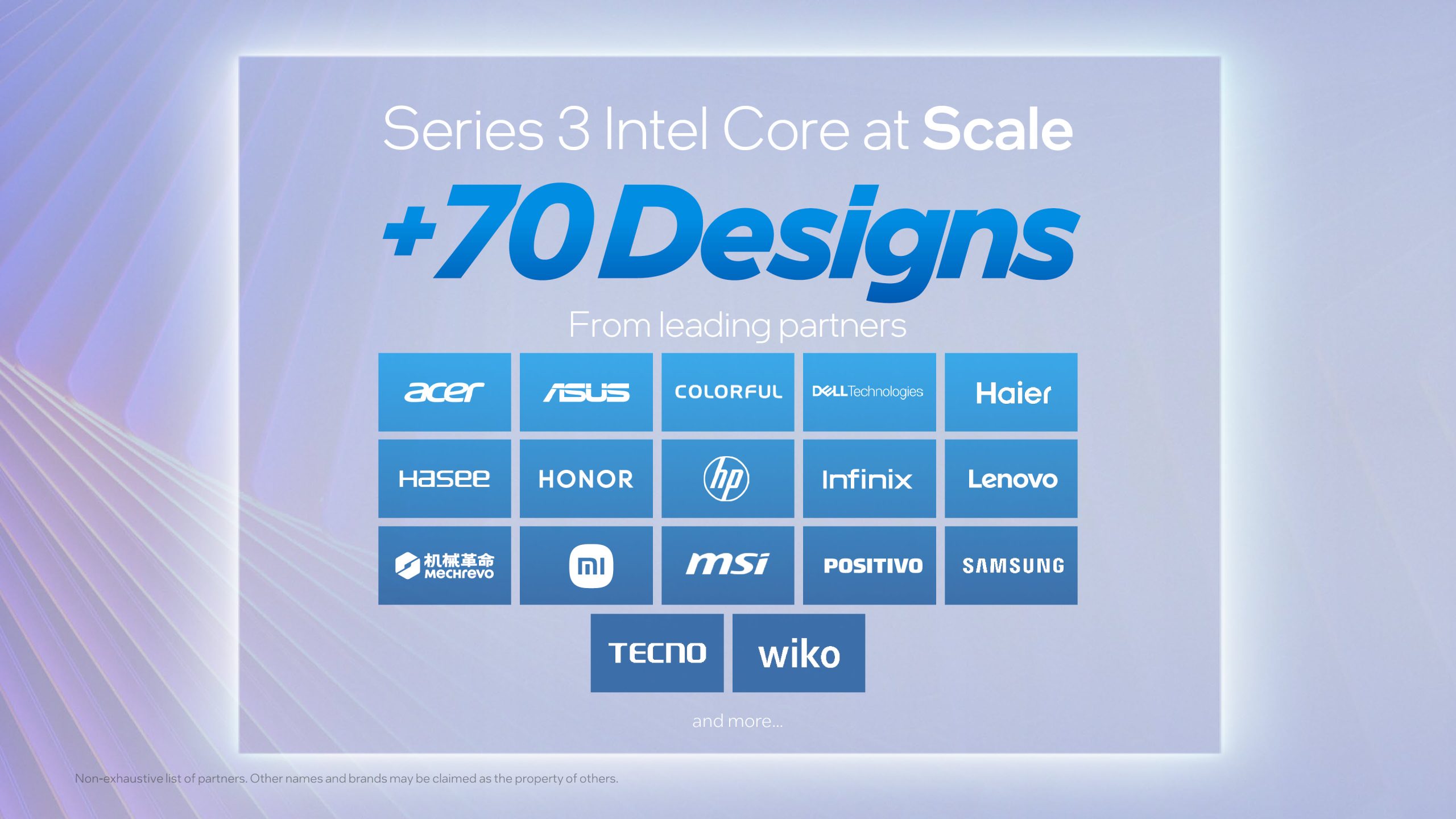An image showcasing 'Series 3 Intel Core at Scale' with '+70 Designs' from partners such as Acer, ASUS, Dell Technologies, Lenovo, Samsung, and more.