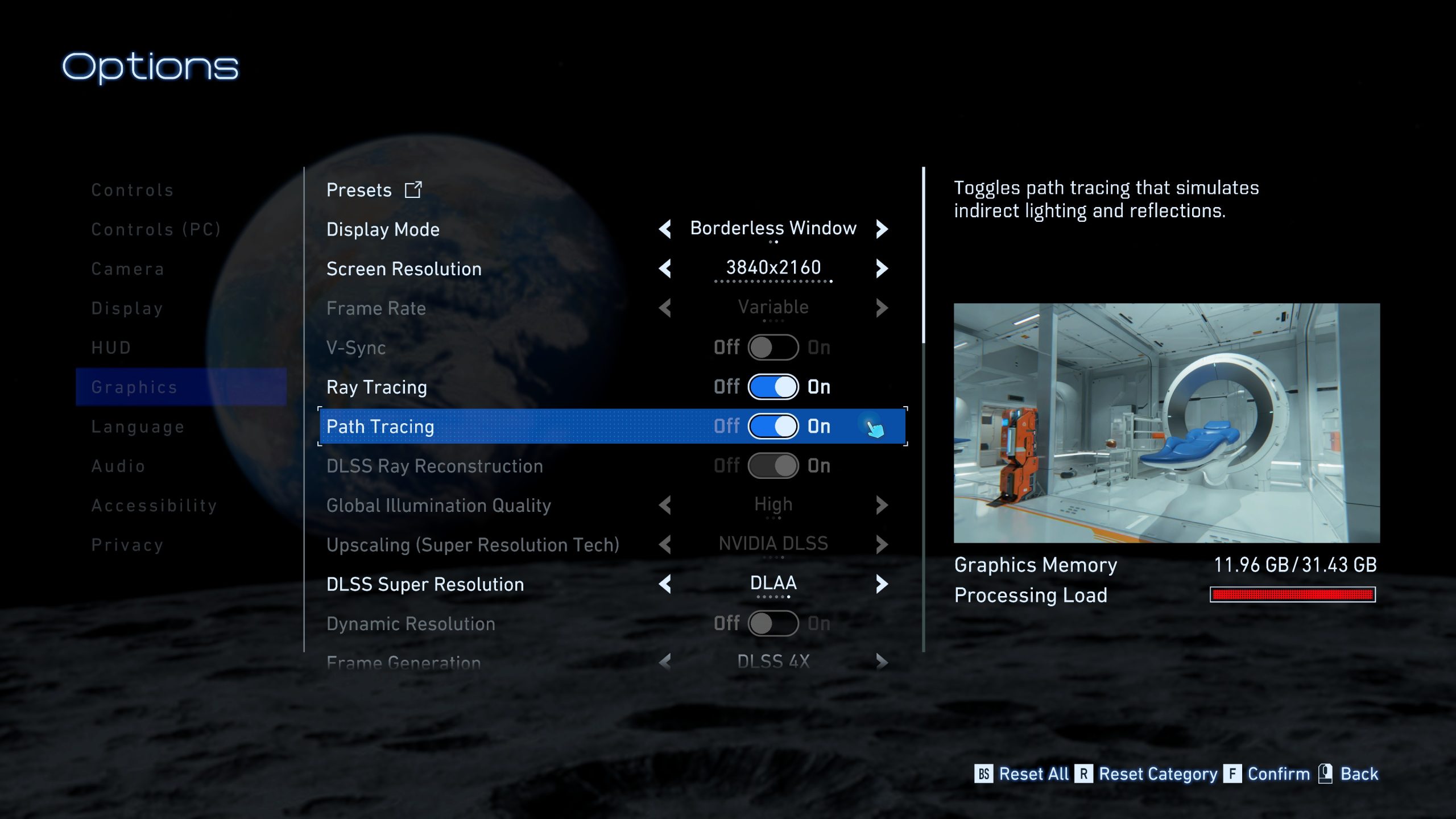The graphics options menu from a video game shows settings for path tracing with toggles for ray tracing set to 'On' and the screen resolution at 3840x2160, alongside a processing load indicator in red.