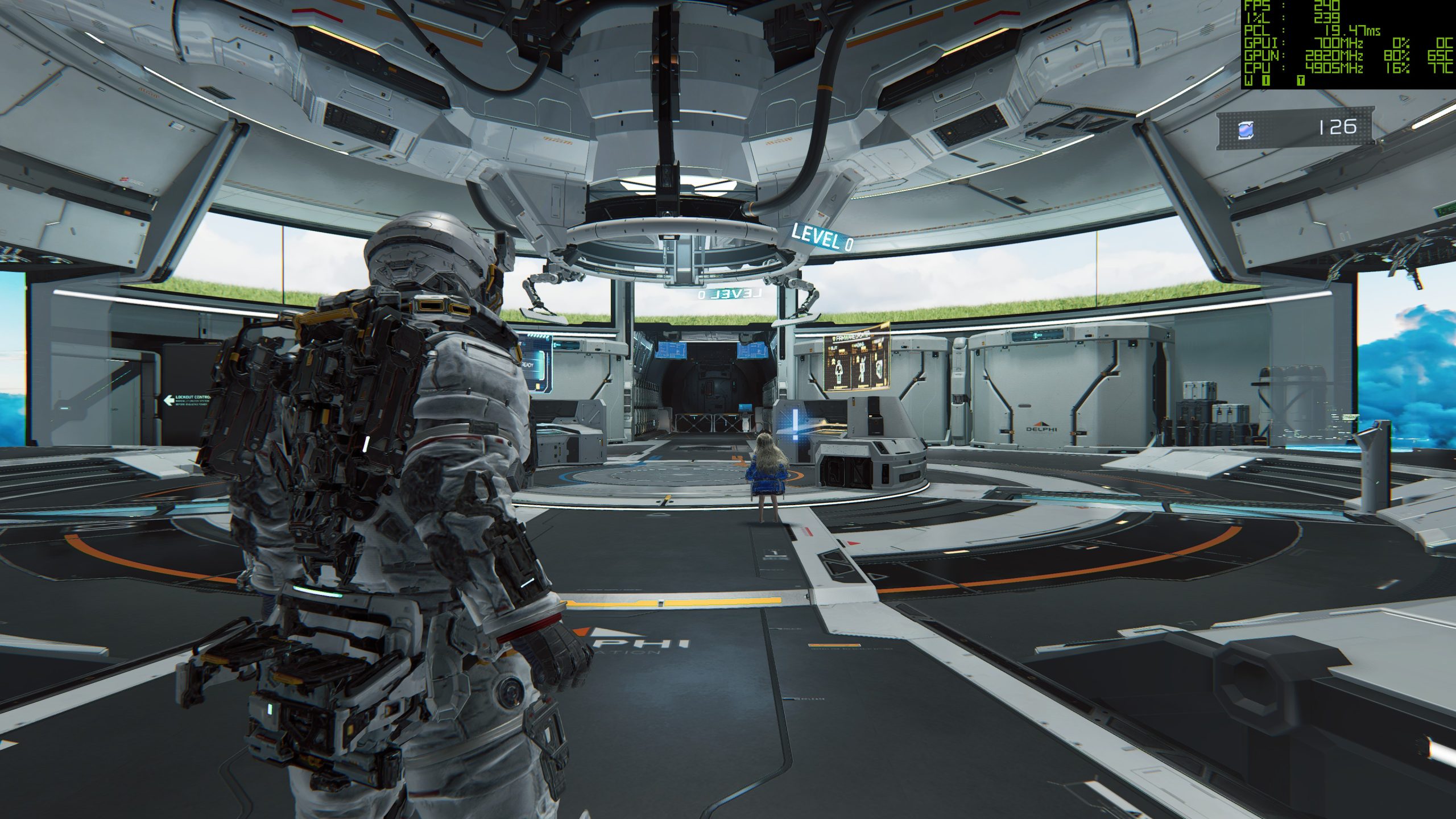 A character in a spacesuit stands in a futuristic facility labeled 'LEVEL 0,' with performance metrics displayed in the top-right corner.